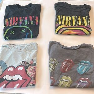 Four Graphic Band Tees Two are Rolling Stones Two are Nirvana